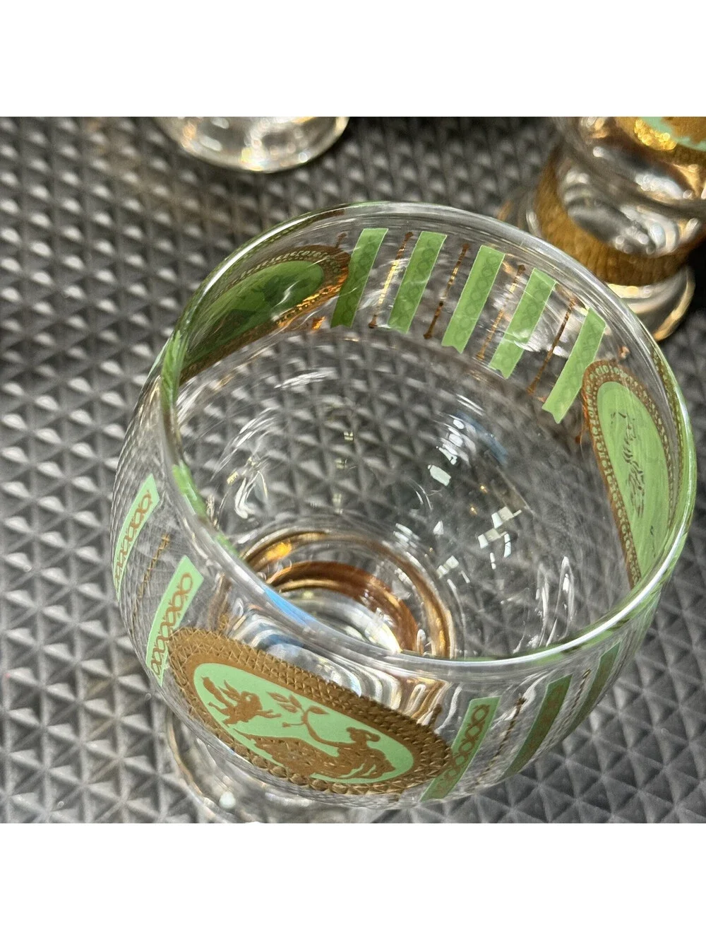 5 MCM Cera Cora Cocktail Water Goblets Barware Gold & Green Federal Glass 10oz